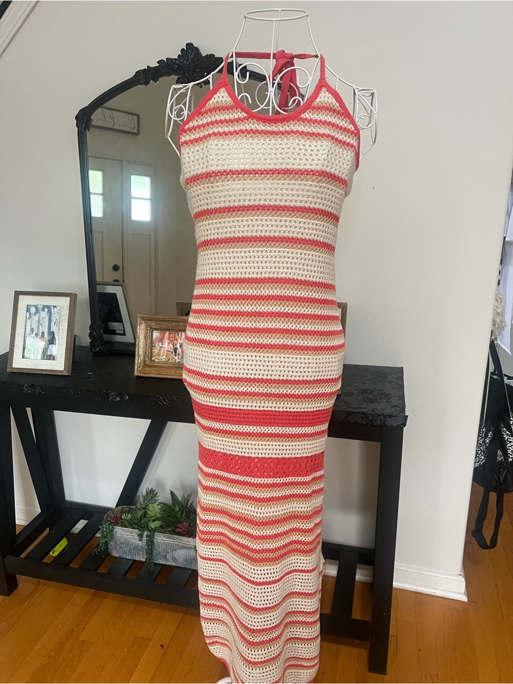 Sleeveless Coral and Cream Crochet Maxi Dress